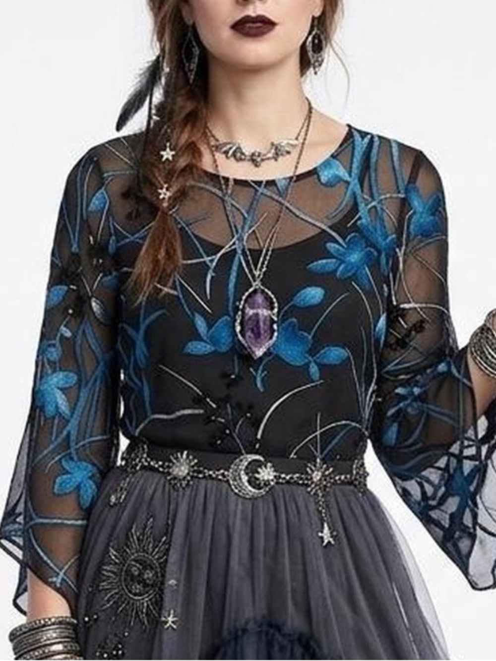 Sheer Black Floral Embroidered Mesh Top with Blue Accents